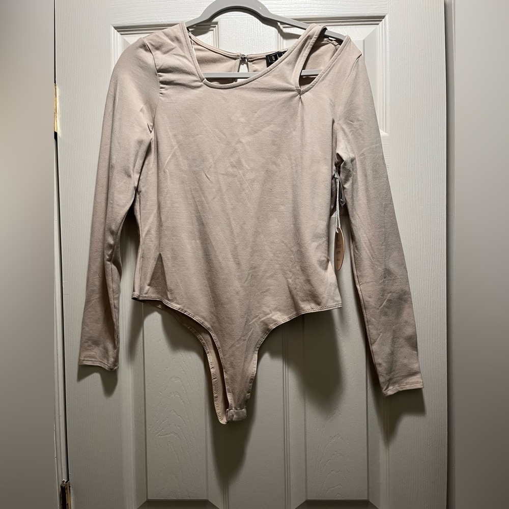 Brand new quality material body suit with cut-out shoulder (L)